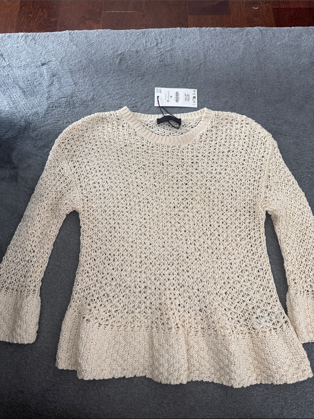 Zara Cream Open-Knit Peplum Pullover Sweater
